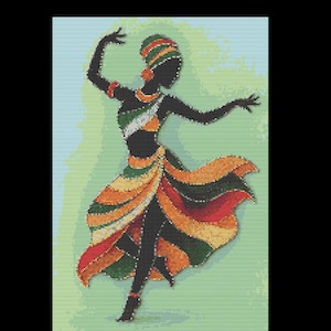 May include: A silhouette of a dancing figure in a colourful dress. The figure is adorned with a head wrap, earrings, and armbands. The dress features a vibrant mix of orange, green, and red hues, with a light blue background.