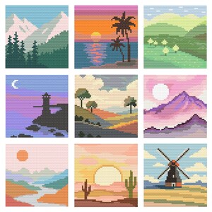 May include: A collection of nine square cross-stitch patterns featuring diverse landscapes including snow-capped mountains, a tropical sunset with palm trees, rolling green hills, a coastal lighthouse at night, desert cacti, and a traditional windmill.