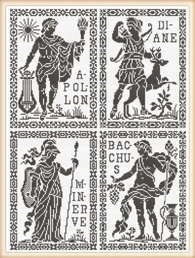 May include: A framed cross-stitch sampler featuring four panels with black and white images of classical figures. The panels include the names Apollo, Diane, Minerva, and Bacchus. The figures are surrounded by decorative borders.
