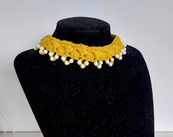 Crochet choker crochet necklace bohemian necklace choker with beads mustard choker womens gift idea mothers day gift