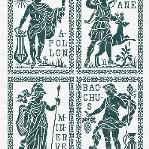 May include: A cross-stitch pattern featuring four panels with classical figures. Each panel has a dark green figure with text labels: Apollo, Diana, Minerva, and Bacchus. The figures are framed with a decorative border.