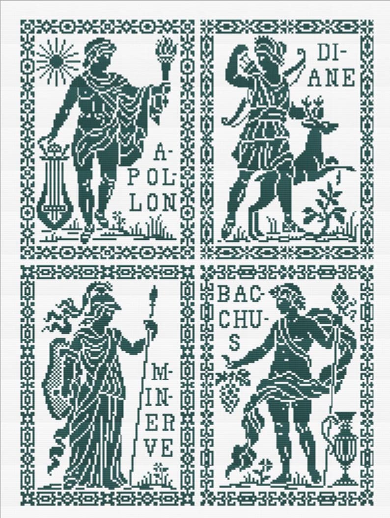 May include: A cross-stitch pattern featuring four panels with classical figures. Each panel has a dark green figure with text labels: Apollo, Diana, Minerva, and Bacchus. The figures are framed with a decorative border.