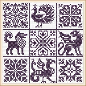 Patrón de punto de cruz de azulejos medievales, patrón de punto de cruz monocromático, descarga instantánea en PDF