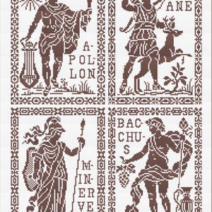 May include: A brown and white cross-stitch design featuring four panels with classical figures. Each panel is framed with a decorative border and includes the names of the figures: Apollo, Diana, Minerva, and Bacchus. The figures are depicted with their respective symbols.