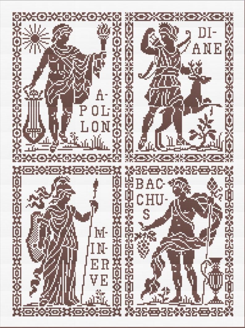 May include: A brown and white cross-stitch design featuring four panels with classical figures. Each panel is framed with a decorative border and includes the names of the figures: Apollo, Diana, Minerva, and Bacchus. The figures are depicted with their respective symbols.