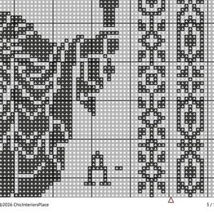 May include: A black and white cross-stitch pattern with a floral design. The pattern is on a grid, with the text "&copy;2026 ChicInteriorsPlace" at the bottom left and "3/18" at the bottom right.
