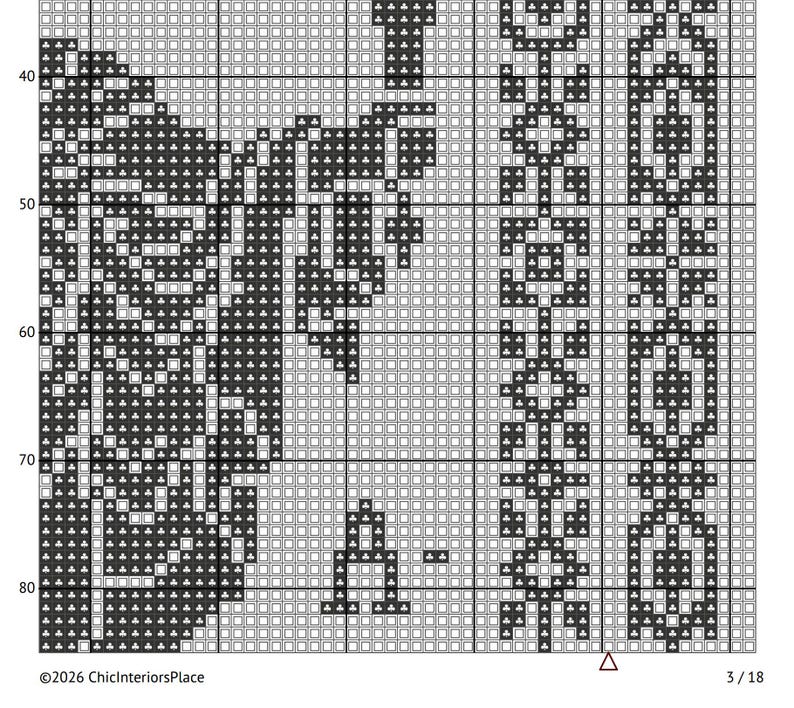 May include: A black and white cross-stitch pattern with a floral design. The pattern is on a grid, with the text "&copy;2026 ChicInteriorsPlace" at the bottom left and "3/18" at the bottom right.