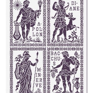 May include: A cross-stitch pattern featuring four panels with classical figures. Each panel has a border and text identifying the figures: Apollo, Diane, Minerva, and Bacchus. The figures are depicted in a dark purple color against a white background.