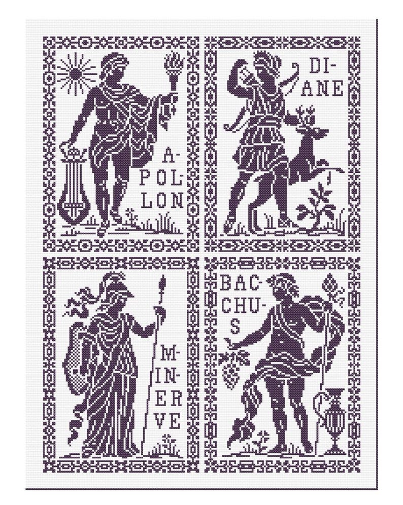 May include: A cross-stitch pattern featuring four panels with classical figures. Each panel has a border and text identifying the figures: Apollo, Diane, Minerva, and Bacchus. The figures are depicted in a dark purple color against a white background.