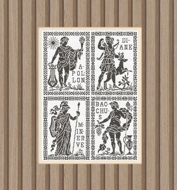 Greek Gods Stitch Pattern, Monochrome Mythology Cross Stitch Pattern, Instant PDF Download