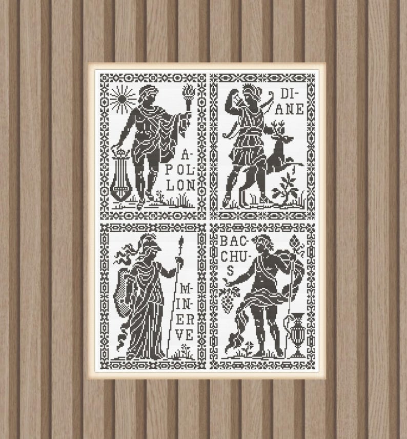 May include: A framed artwork featuring four black and white illustrations of classical figures. Each figure is labeled with a name: Apollo, Diane, Minerva, and Bacchus. The artwork is set against a wooden background.