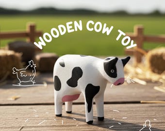 Wooden Cow Toy Figurine, Hand-Painted Farm Animal, Montessori Waldorf Pretend Play, Eco-Friendly Gift for Toddlers, Baby Shower, Christmas