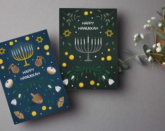 Hanukkah Card | Menorah | Jewish Cards | Sufganiyot | Challah Bread | Dreidel | Folk Art | Single or set of 2