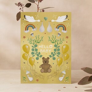 Hello Baby / New Baby Teddy Bear Card / New Born / Baby Shower / Welcome Newborn / Unisex / Foster / Adoption / Folk Art