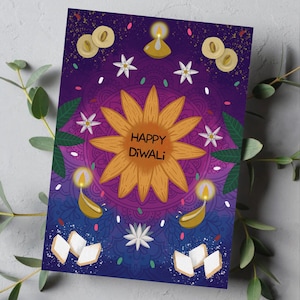 Diwali-kaart | Lichtfestival | Kleurrijk | Bloemen | Snoepjes | Kaarsen