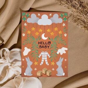 Hello Baby / New Baby Teddy Bear Card / New Born / Baby Shower / Welcome Newborn / Unisex / Foster / Adoption / Folk Art