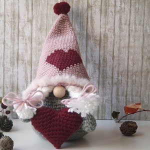 St. Valentine cute gnome with red heart, gift for girlfriend, Gift for new home, Crocheted Nordic gnome for nursery decoration