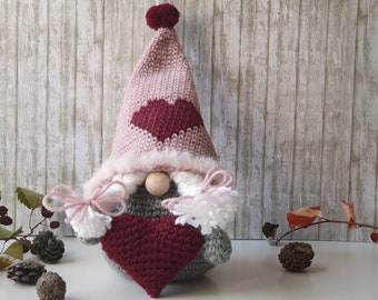 St. Valentine cute gnome with red heart, gift for girlfriend, Gift for new home, Crocheted Nordic gnome for nursery decoration