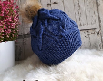 Navy blue knitted merino woman winter hat with pompon, warm beanie wool hat for teenagers, gift for niece, daughter, granddaughter or sister