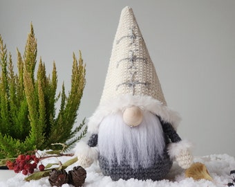 Elegant scandinavian Gnome with white hat and silver thread decoration for Christmas, Crocheted Gonk, Tomte, Nisse, winter house decoration,