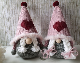 Pink Scandinavin gnomes with red heart set of 2, love home decor, Cute nordic tomte for nursery decoration, farmhouse decor