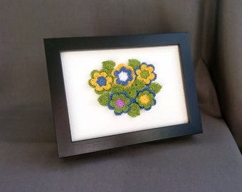 Crocheted flower framed picture, wall hanging decoration gift, desk frame decor, farmhouse flower decoration