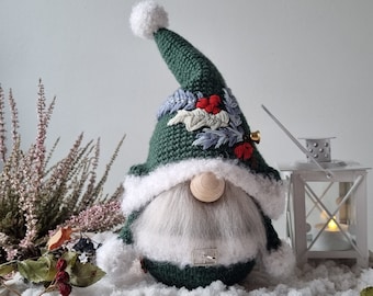 Green Christmas gnome with embroidered hat and pompom on the top, Unique gnome gift