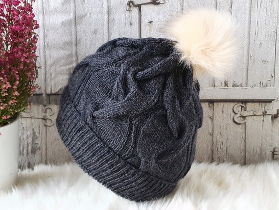 Stylish Knit Beanie with Pom Pom Aran Cable Knit Hat Pom Pom Green | The Sweater Shop main image 3