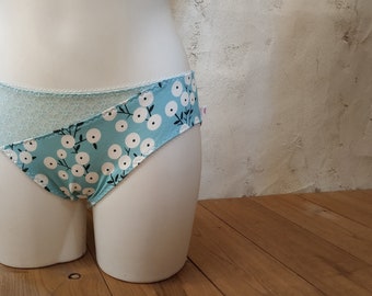 Handcrafted panties in snowball blue organic cotton and water green tulle
