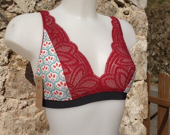 Brassiere in vintage organic cotton and red Calais lace