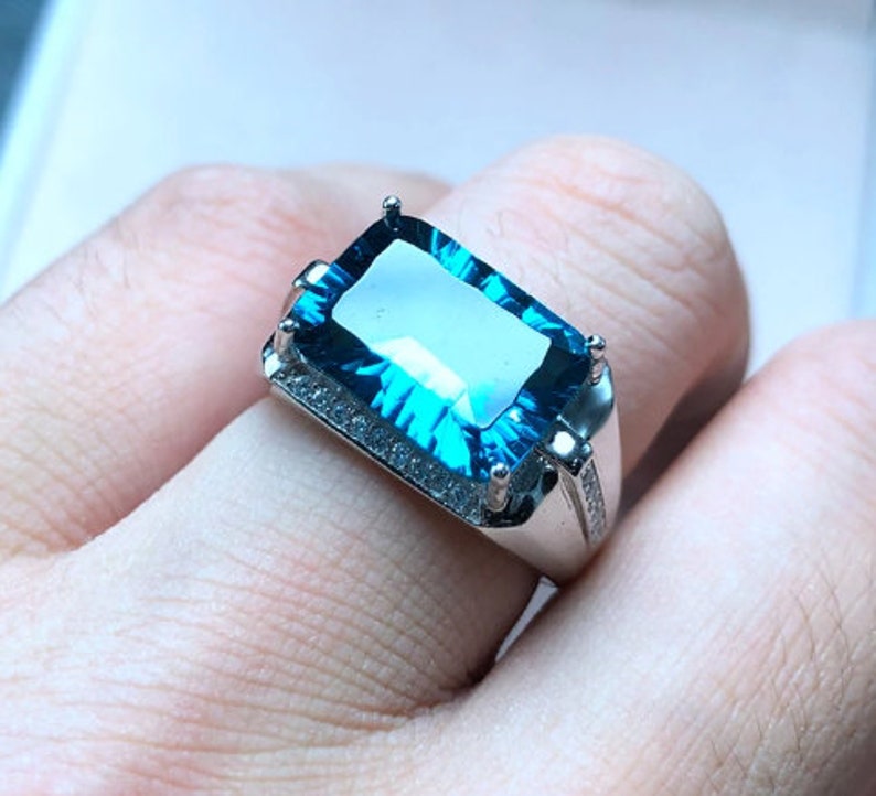 925 Sterling Silver Handmade Ring Jewelry Gift For Her High Quality Blue Topaz Men/'s Ring Anniversary Ring Cushion Shape Stone Rings