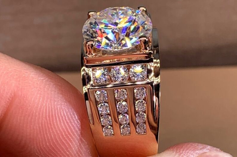 Moissanite Men's Ring 14k Solid Gold Wedding Ring for Etsy