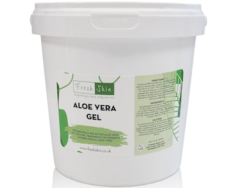 May include: A white plastic bucket with a white label that says "Fresh Skin" and "Aloe Vera Gel". The label also says "99% Naturally Bio-Active Aloe Vera, No Colours, Fragrance or Parabens, Suitable for All Skin Types" and "www.freshskin.co.uk".