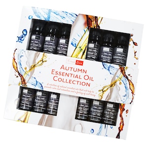 May include: A set of 12 essential oil bottles in a white box with a colourful design. The box says "Autumn Essential Oil Collection" and "A selection of natural essential oils that will help to promote calm and relaxation and a feeling of well-being."