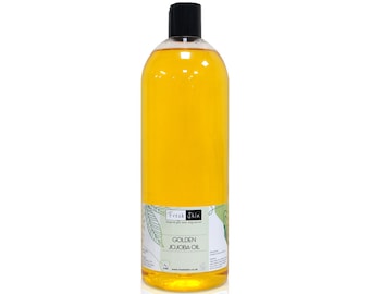 May include: A clear plastic bottle filled with golden yellow liquid. The bottle has a black cap and a label that reads "Fresh Skin" and "Golden Jojoba Oil".