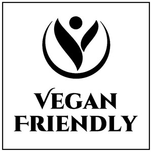 Op de afbeelding: Zwart-wit logo met een gestileerd persoonfiguur in een cirkel. De tekst eronder luidt "VEGAN FRIENDLY".