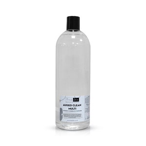 May include: A clear plastic bottle with a black cap filled with a clear liquid. The bottle has a white label with the text "Fresh Skin" and "Augeo Clean Multi" on it.