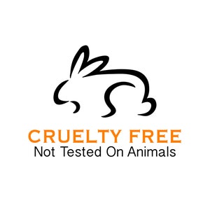 May include: Black and white outline of a rabbit with the text "Cruelty Free Not Tested On Animals" in orange.