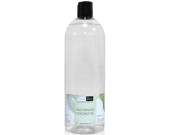 May include: A clear plastic bottle of fractionated coconut oil with a black cap. The label features the text "Fresh Skin" and "Fractionated Coconut Oil" with green and white botanical illustrations. The bottle is filled with a clear liquid.