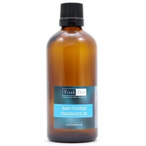 May include: A brown glass bottle with a black cap and a label that says "Fresh Skin" and "Baby Powder Fragrance Oil".