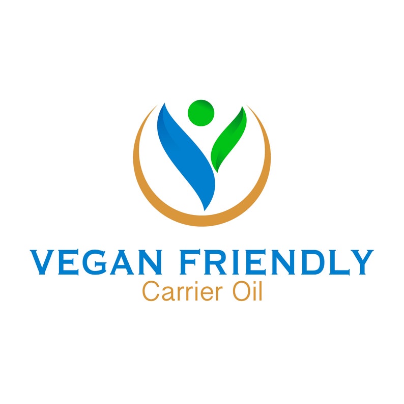 May include: A logo for a vegan friendly carrier oil. The logo features a stylized person with green and blue leaves, inside a gold circle. The text "VEGAN FRIENDLY Carrier Oil" is below the logo.
