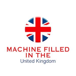 K&ouml;nnte beinhalten: Ein roter, wei&szlig;er und blauer Kreis mit dem Design der Union Jack Flagge. Der Text darunter lautet "MACHINE FILLED IN THE United Kingdom".