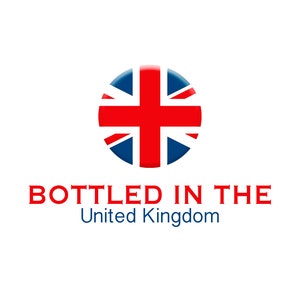 May include: A red, white, and blue circle with the Union Jack flag design. The text "Bottled in the United Kingdom" is below the circle.