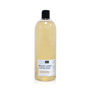 May include: A clear plastic bottle of organic liquid castile soap with a black cap. The bottle is labelled "Fresh Skin Organic Liquid Castile Soap" and includes the text "A natural soap base made with pure plant oils, including oils of coconut and sunflower."