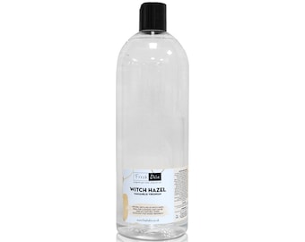 May include: A clear plastic bottle of witch hazel with a black cap. The label is white with black text that reads "Fresh Skin" and "Witch Hazel Hamamelis Virginiana".