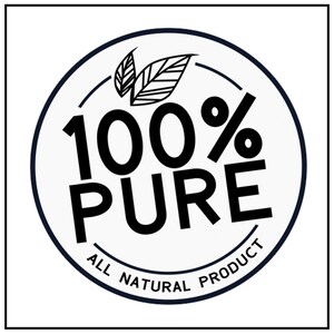 Op de afbeelding: Een witte cirkel met een zwarte rand en de tekst "100% ZUIVER NATUURLIJK PRODUCT" erin. Boven in de cirkel staat een gestileerd beeld van twee bladeren.