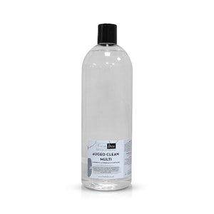 May include: A clear plastic bottle with a black cap filled with a clear liquid. The bottle has a white label with the text "Fresh Skin" and "Augeo Clean Multi" on it.