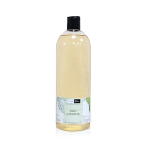 May include: A clear plastic bottle of Sweet Almond Oil with a black cap. The bottle has a green and white label with the text "Fresh Skin" and "Sweet Almond Oil".