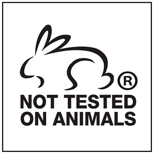 Op de afbeelding: Zwart-witte afbeelding van een konijn met de tekst "NOT TESTED ON ANIMALS" en een geregistreerd handelsmerk.