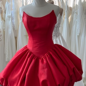 Red Shiny Mini Dress – Corset Top with Balloon Skirt & Basque Waist – Party Dress – Strapless Sparkly Dress – Formal Evening Outfit